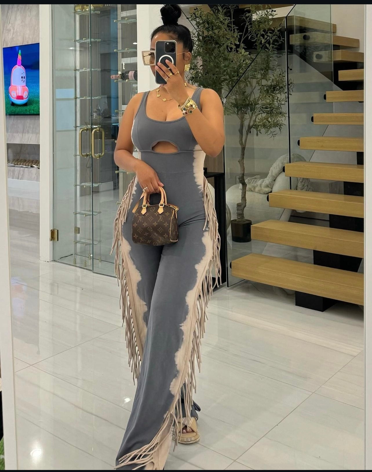 Pretty Hippie Fringe Jumpsuit Grey/Taupe