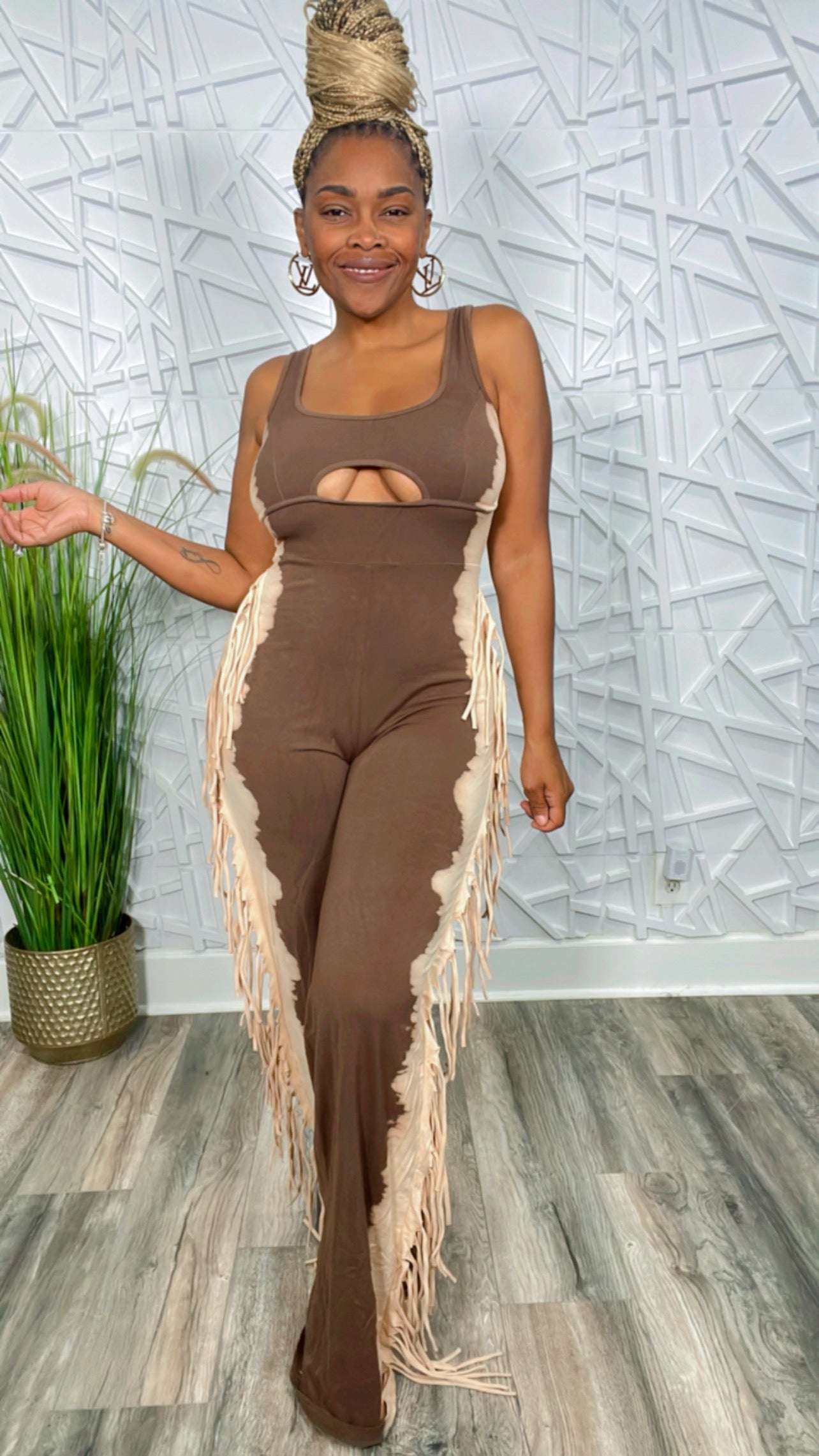 Pretty Hippie Fringe Jumpsuit Grey/Taupe