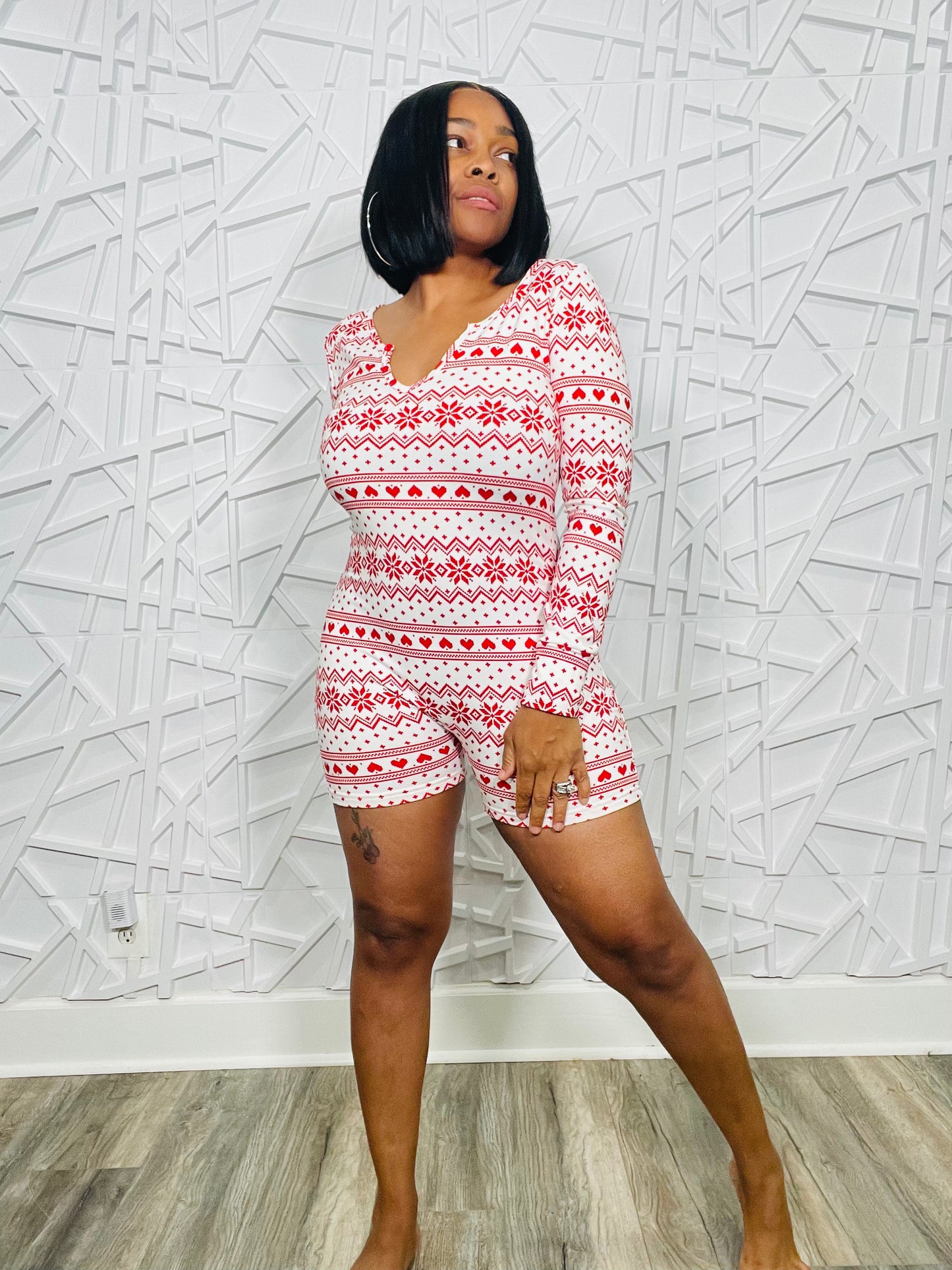 Red & White Snowflake Christmas Short Onesie