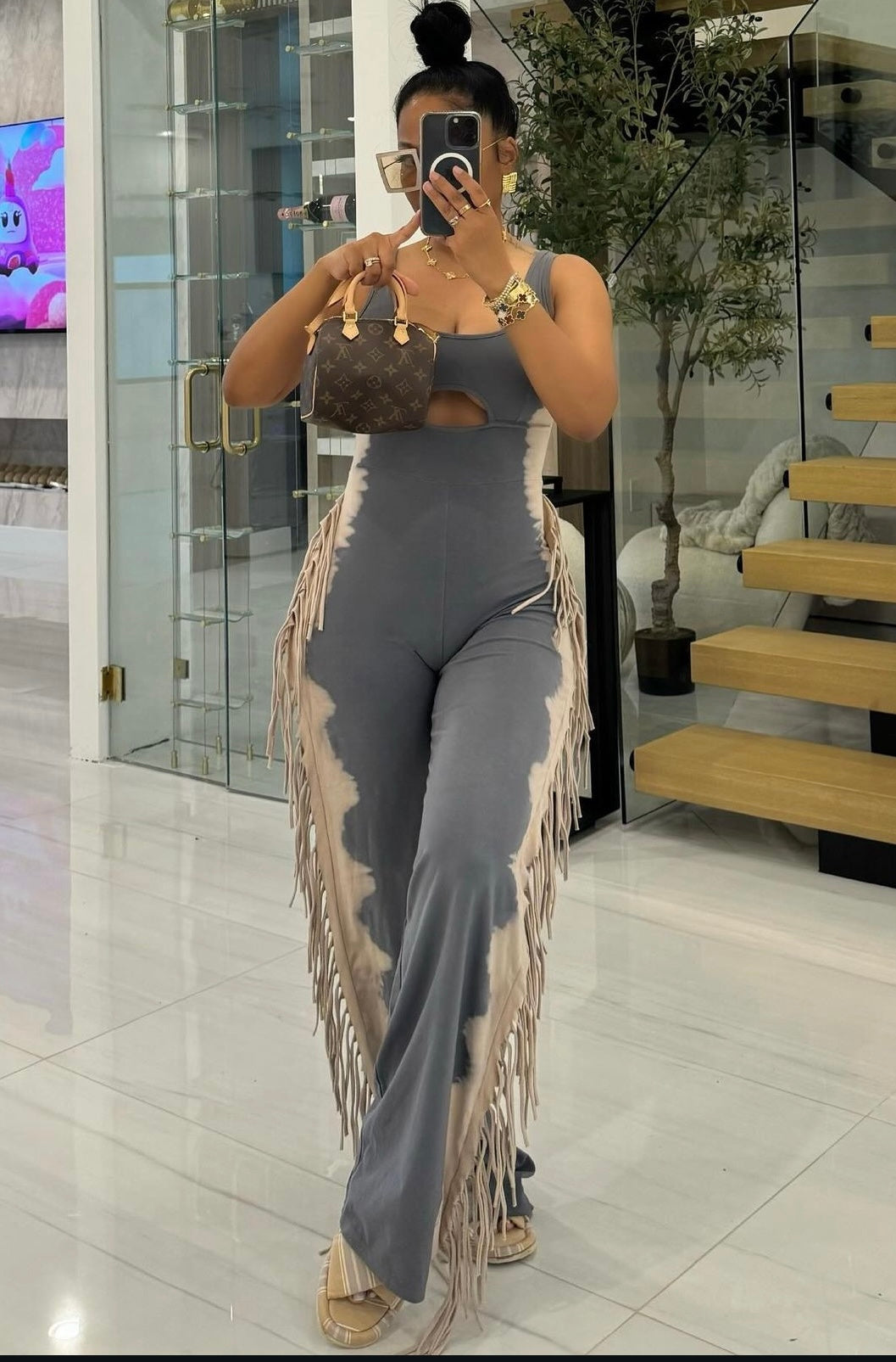 Pretty Hippie Fringe Jumpsuit Grey/Taupe