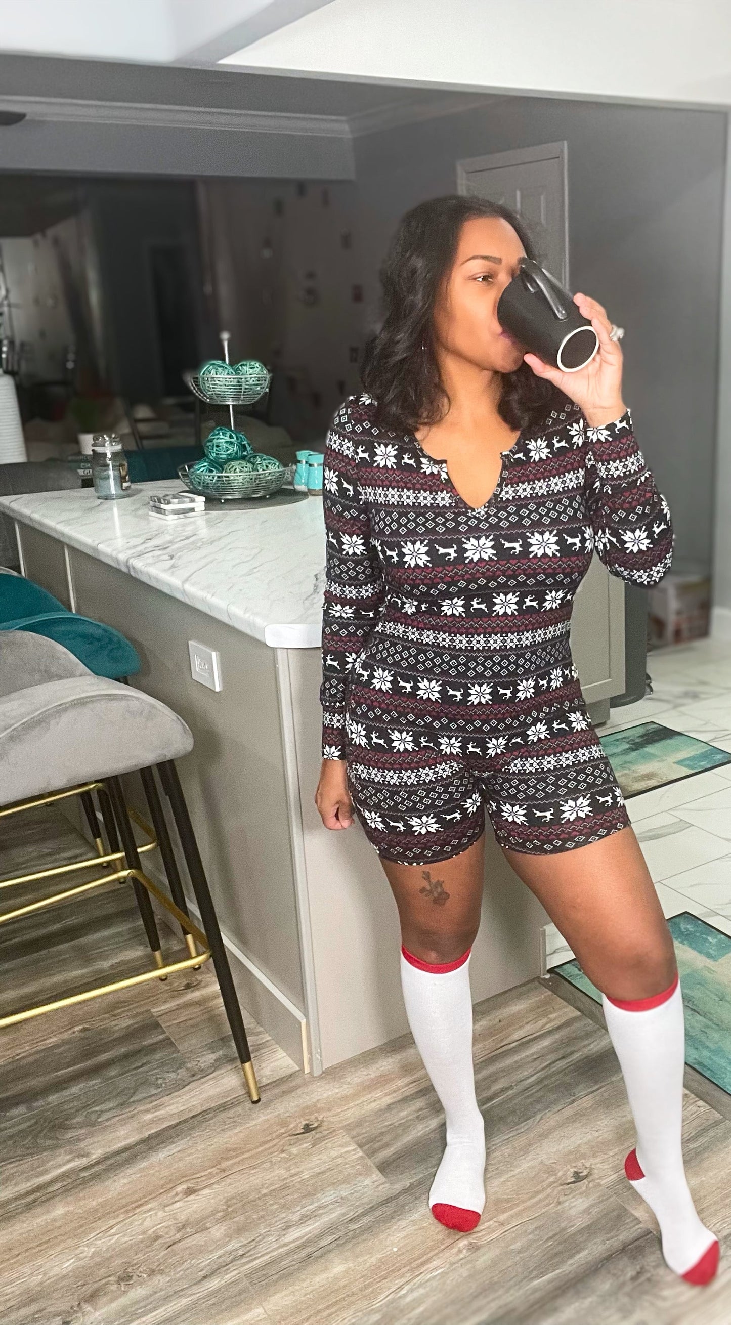 Christmas Short Onesie with socks (Black Snowflake)