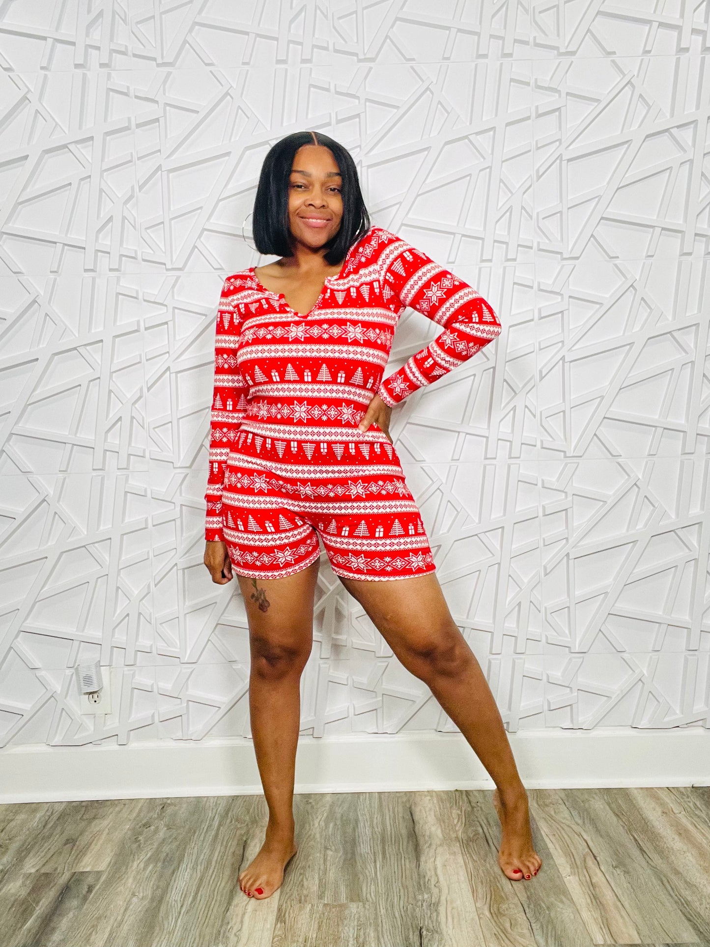 Red & White in the Gift Christmas Short Onesie