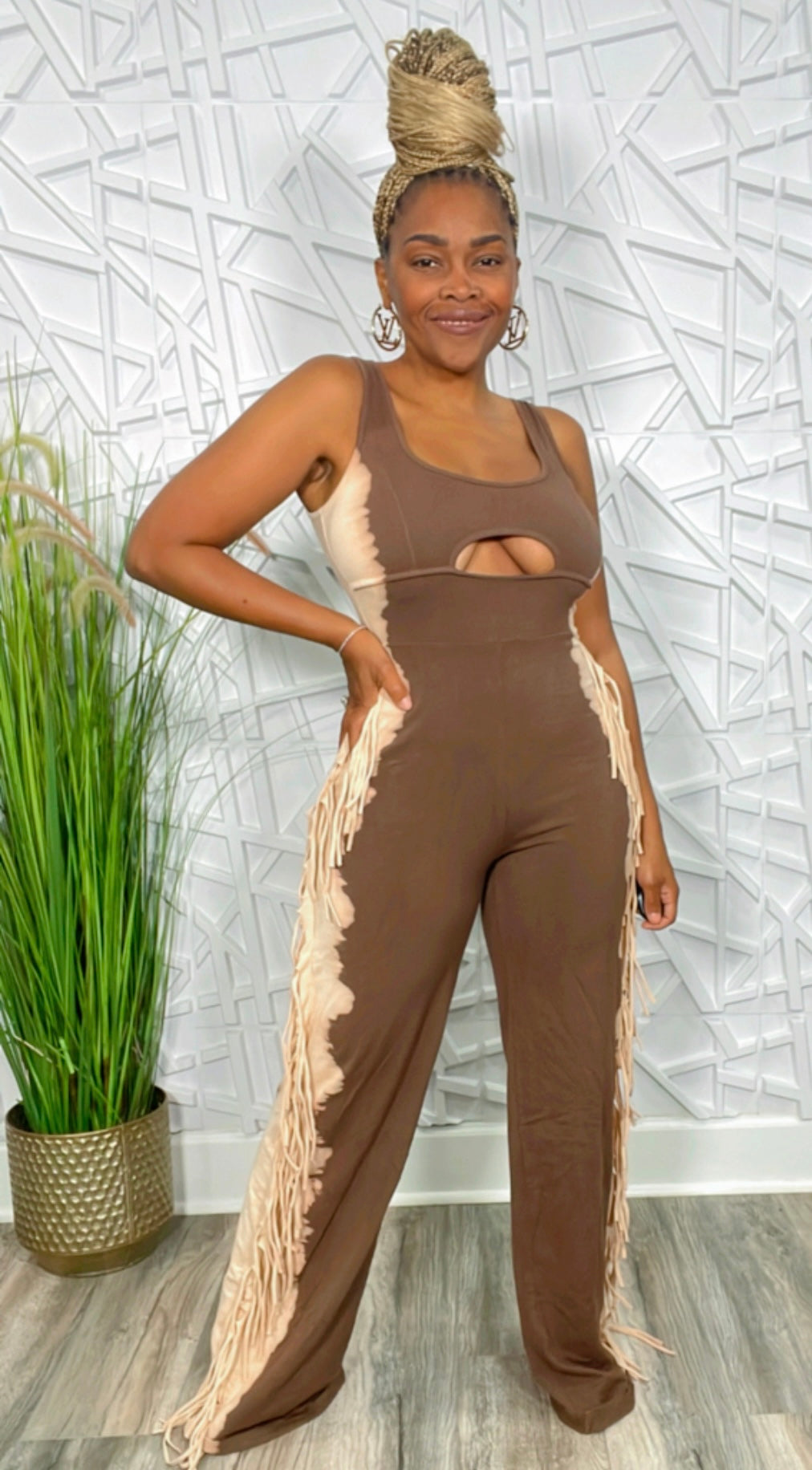 Pretty Hippie Fringe Jumpsuit Grey/Taupe