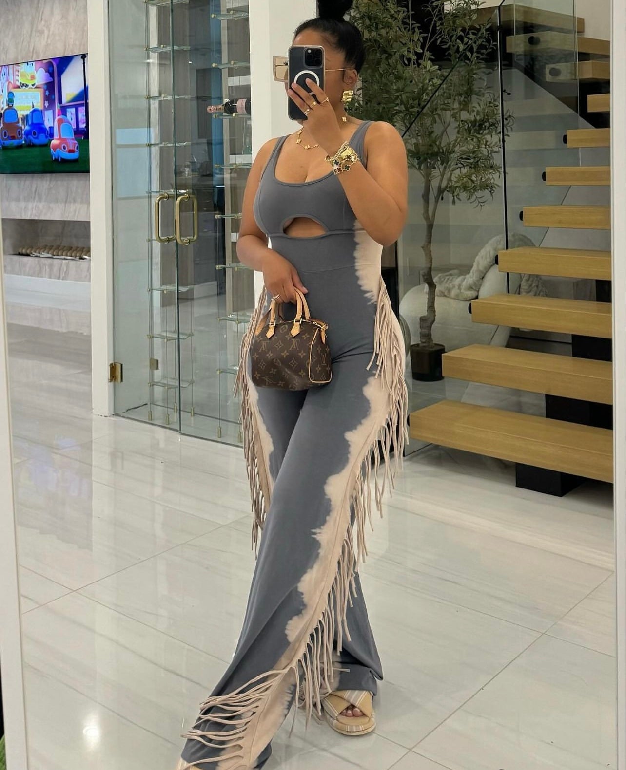 Pretty Hippie Fringe Jumpsuit Grey/Taupe