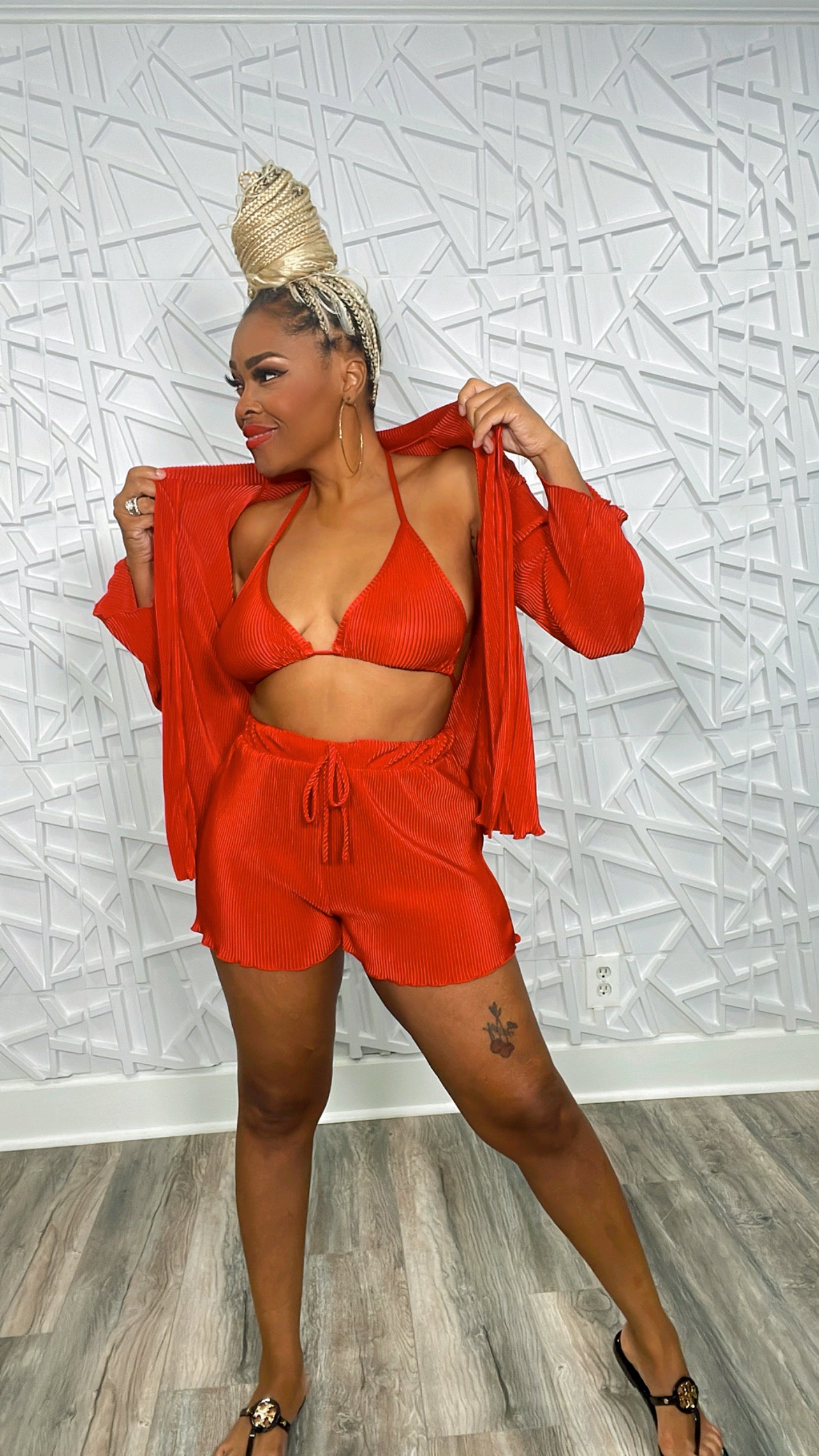 Red like Fire 3 piece Pleated Short Set