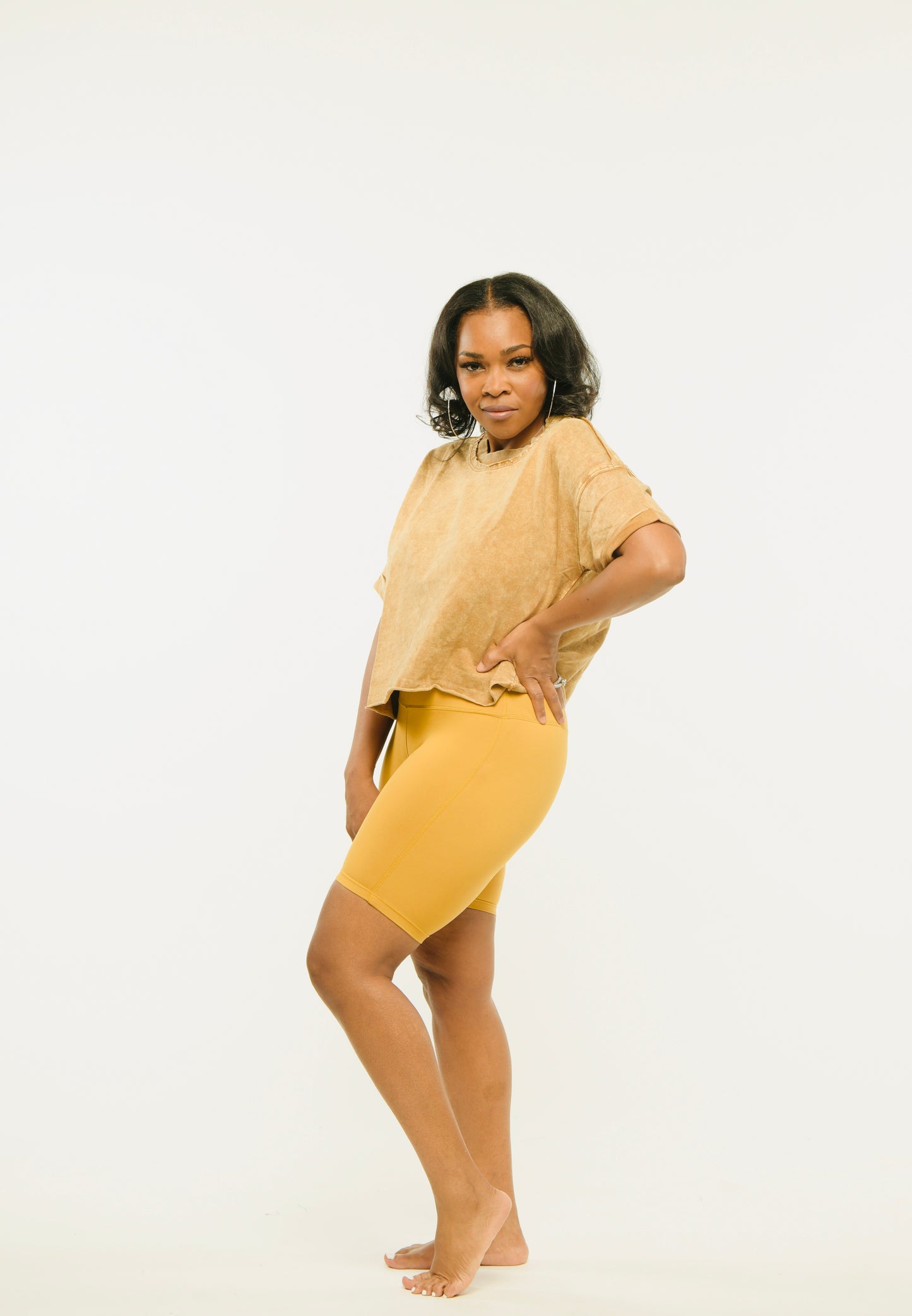 Comfy in the Acid Wash Biker Short Set (Camel)