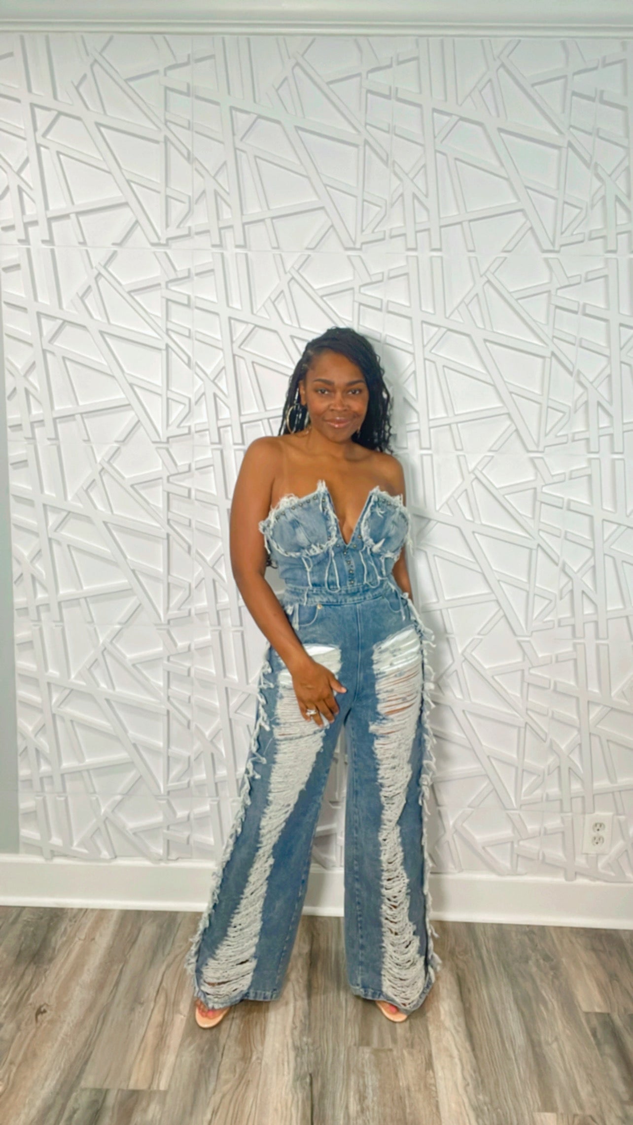 Ripped up Pretty Medium Washed Denim Jumpsuit