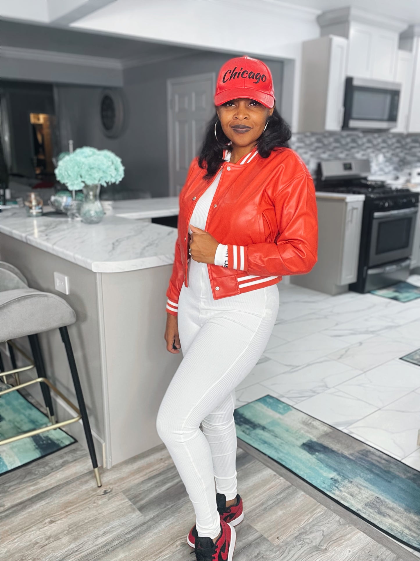 Varsity “Pretty” Faux Leather Cropped Jacket