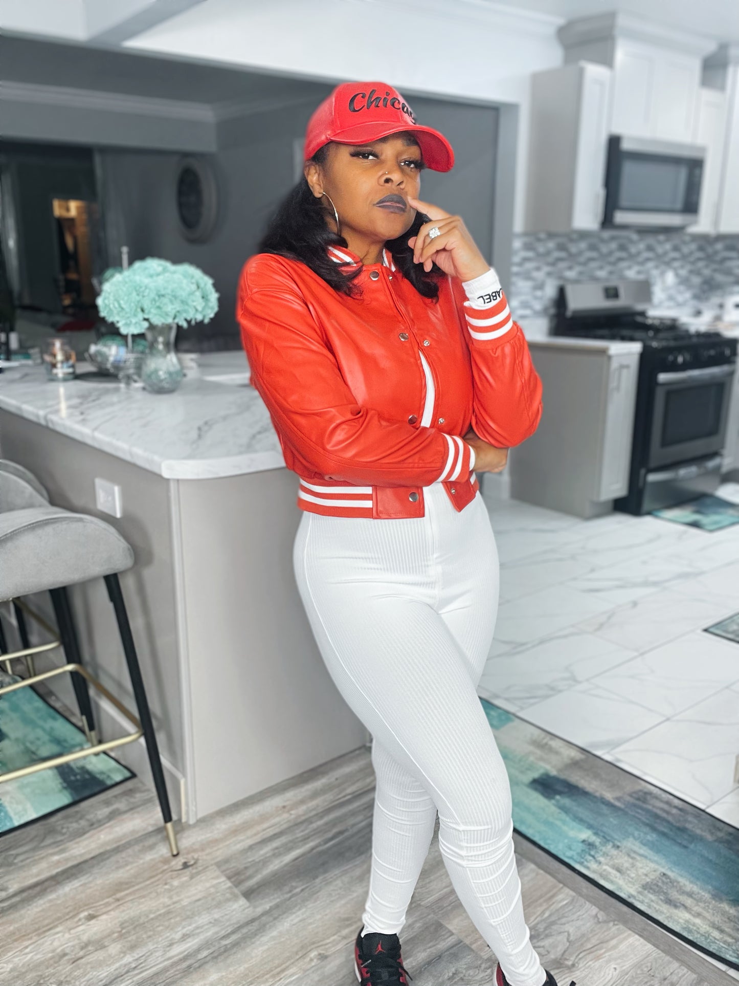 Varsity “Pretty” Faux Leather Cropped Jacket
