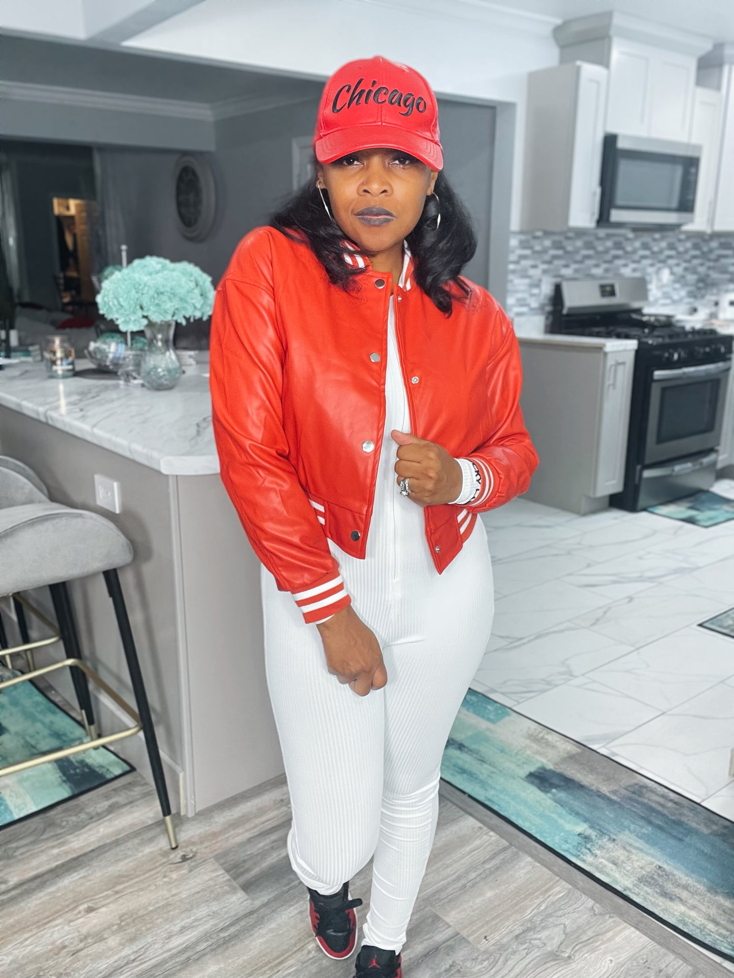 Varsity “Pretty” Faux Leather Cropped Jacket