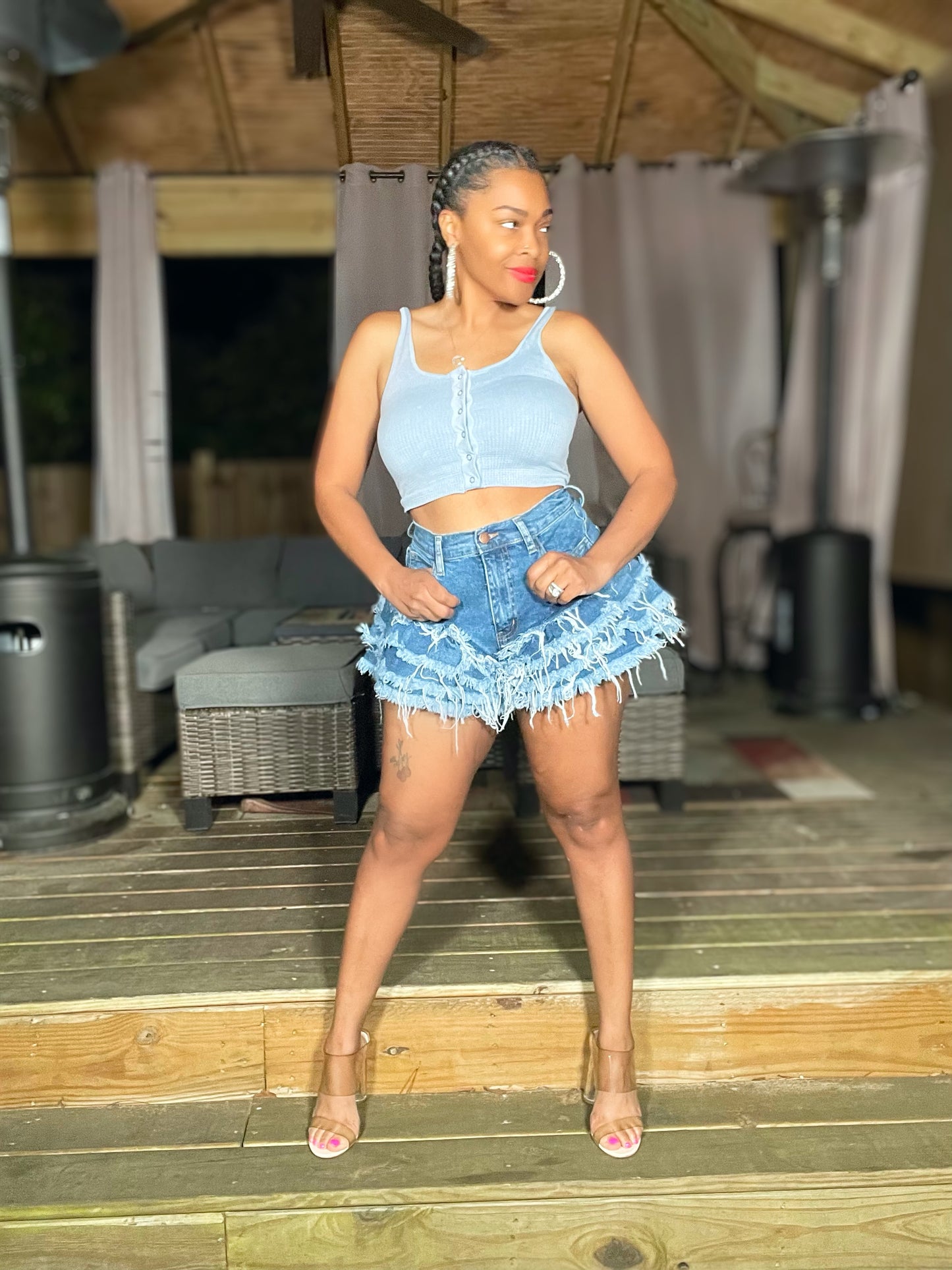 Pretty on the Scene Ruffle Denim Fringe Shorts