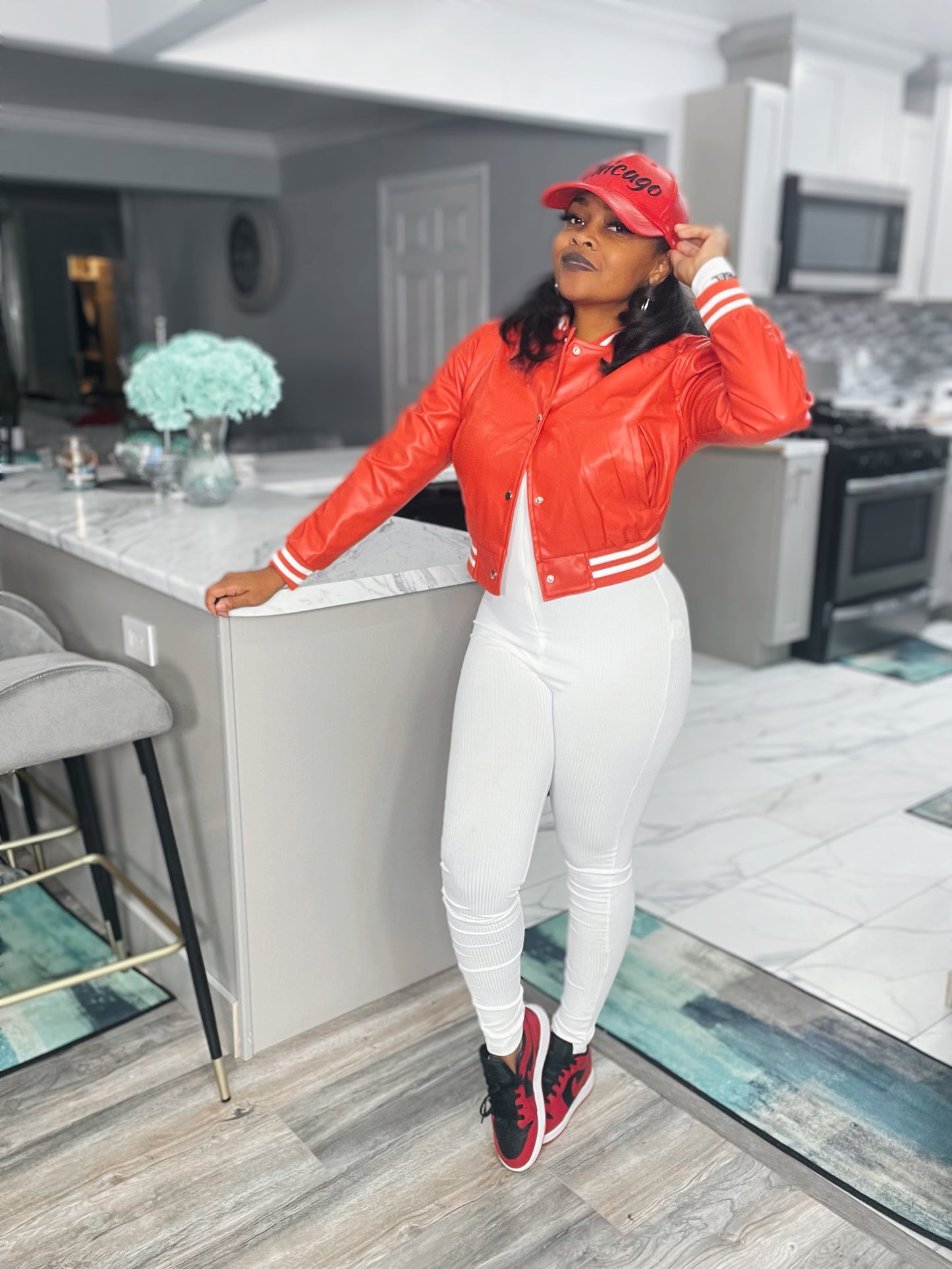Varsity “Pretty” Faux Leather Cropped Jacket