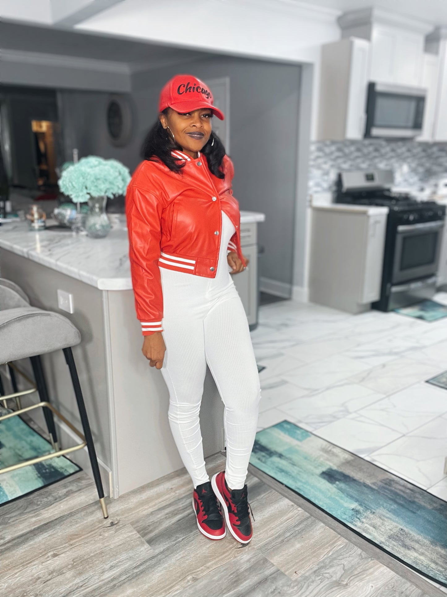 Varsity “Pretty” Faux Leather Cropped Jacket