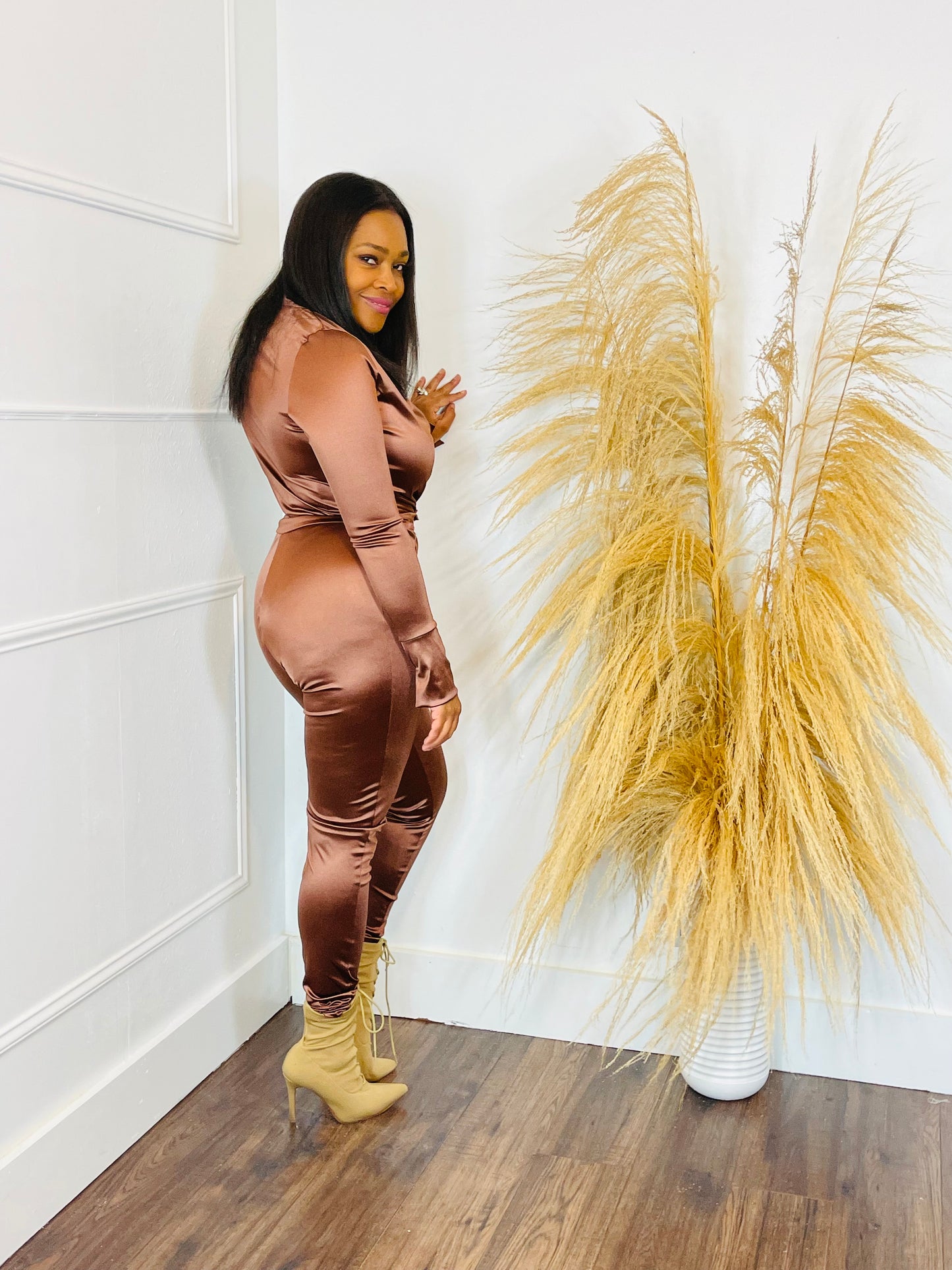 Pretty in Brown Satin 2 Piece Set