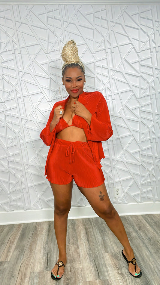 Red like Fire 3 piece Pleated Short Set