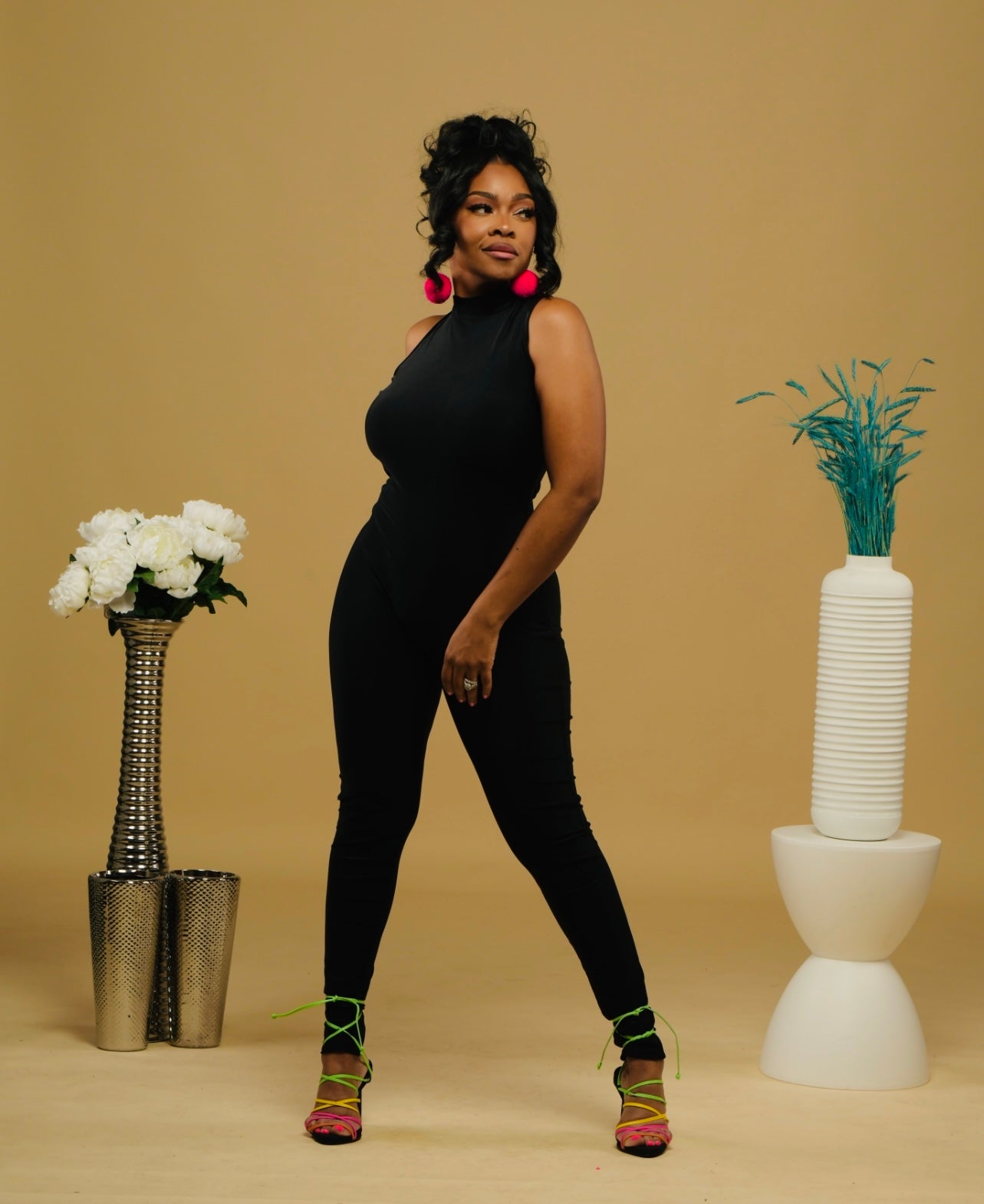 Monet in the Spring Spandex Shiny Fitted Jumpsuit (Black)