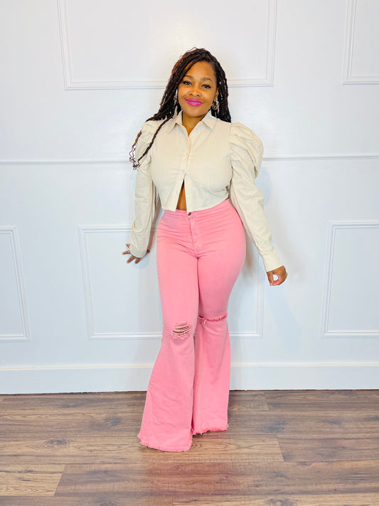 Pretty Sand Puff Sleeve Blouse