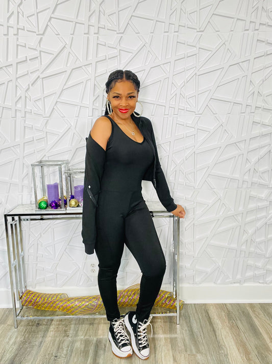 Pretty in the Comfort Jumpsuit with Jacket (Black)